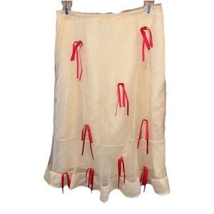 Anthropologie Maeve Ribbon Pencil Midi Skirt Ivory Tulle Red Bow Women 4P Zip